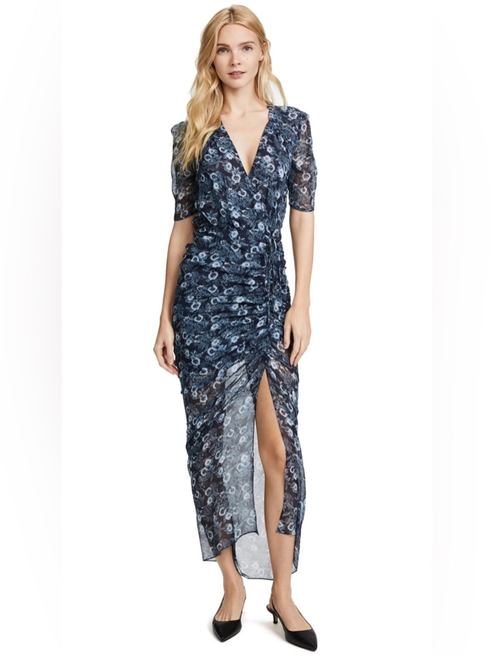 Veronica Beard Mariposa Ruched Midi Dress Blue Floral Silk Side Tie Slit Size 2